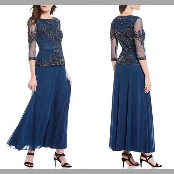 NEW Pisarro Nights Beaded Mock Peplum Gown Blue 8 - Picture 2 of 11